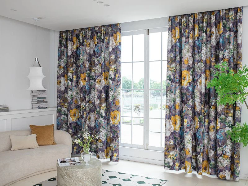 Tkanina zasłonowa z lnu jaglanego z nadrukiem malarstwa tuszem