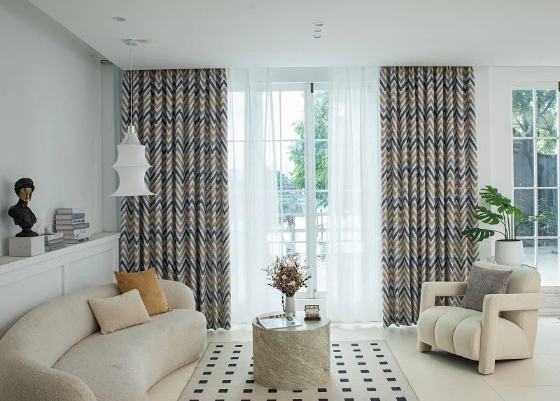 Tkanina zasłonowa z lnu jaglanego z nadrukiem wzoru fali